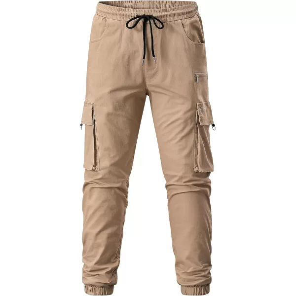 imageJMIERR Mens Cargo Pants Drawstring Stretch Waist Waist Twill Joggers Trousers with Zipper PocketsLight French Beige