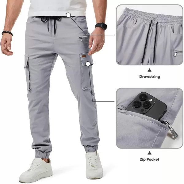 imageJMIERR Mens Cargo Pants Drawstring Stretch Waist Waist Twill Joggers Trousers with Zipper PocketsLight Grey