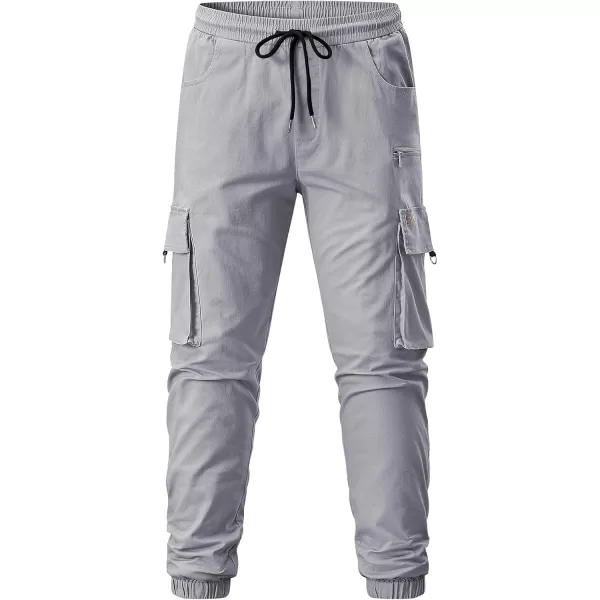 imageJMIERR Mens Cargo Pants Drawstring Stretch Waist Waist Twill Joggers Trousers with Zipper PocketsLight Grey