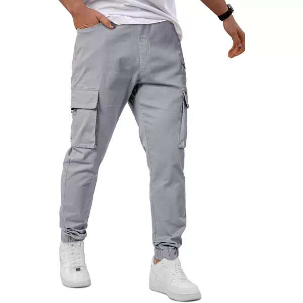 imageJMIERR Mens Cargo Pants Drawstring Stretch Waist Waist Twill Joggers Trousers with Zipper PocketsLight Grey