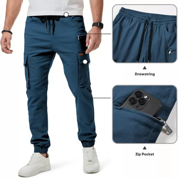 imageJMIERR Mens Cargo Pants Drawstring Stretch Waist Waist Twill Joggers Trousers with Zipper PocketsSail Blue