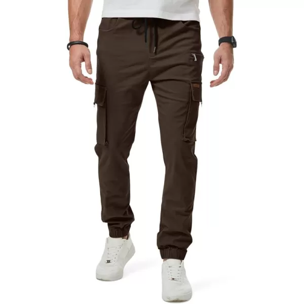 imageJMIERR Mens Cargo Pants Drawstring Stretch Waist Waist Twill Joggers Trousers with Zipper PocketsDark Brown