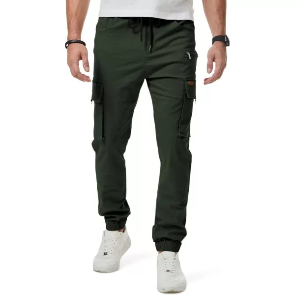 imageJMIERR Mens Cargo Pants Drawstring Stretch Waist Waist Twill Joggers Trousers with Zipper PocketsDuffel Green