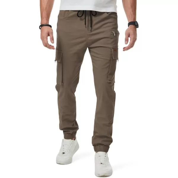 imageJMIERR Mens Cargo Pants Drawstring Stretch Waist Waist Twill Joggers Trousers with Zipper PocketsEarth Brown
