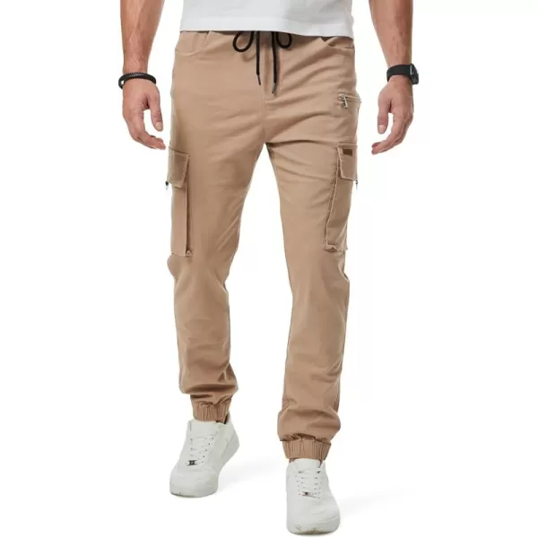 imageJMIERR Mens Cargo Pants Drawstring Stretch Waist Waist Twill Joggers Trousers with Zipper PocketsLight French Beige