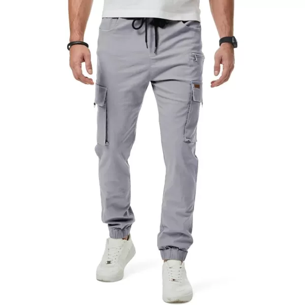 imageJMIERR Mens Cargo Pants Drawstring Stretch Waist Waist Twill Joggers Trousers with Zipper PocketsLight Grey