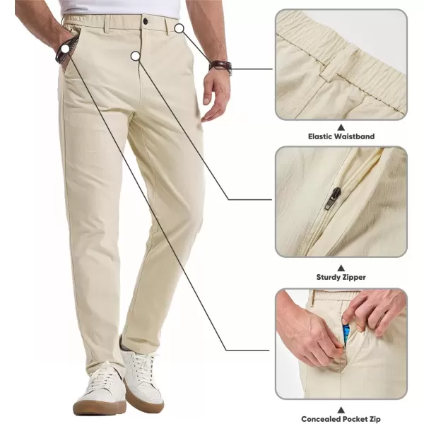 imageJMIERR Mens Casual Chino Pants Stretch Washed Crinkle 4 Way Textured Pants with Zipper Pockets and Elastic WaistbandBeige