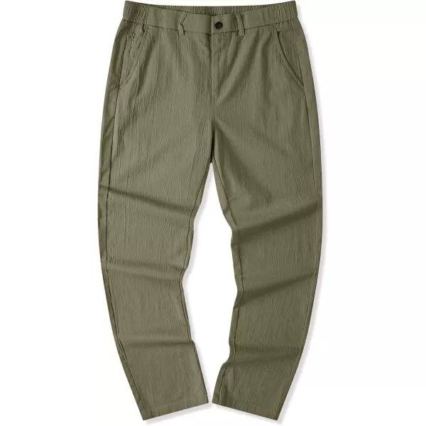 imageJMIERR Mens Casual Chino Pants Stretch Washed Crinkle 4 Way Textured Pants with Zipper Pockets and Elastic WaistbandGreen