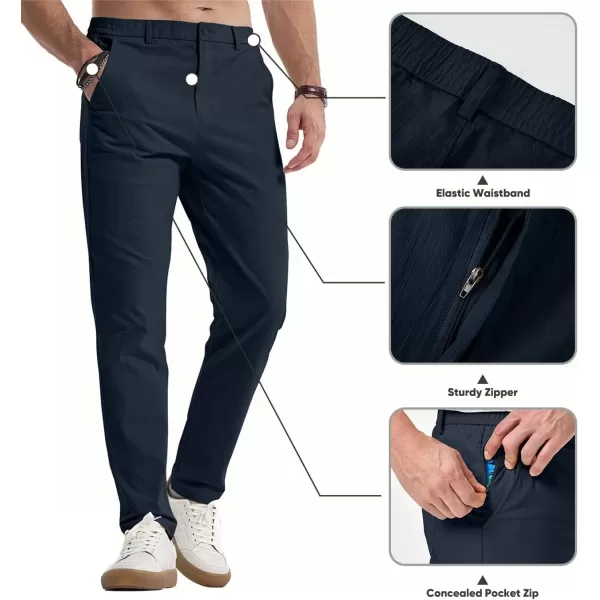 imageJMIERR Mens Casual Chino Pants Stretch Washed Crinkle 4 Way Textured Pants with Zipper Pockets and Elastic WaistbandNavy Blue