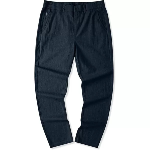 imageJMIERR Mens Casual Chino Pants Stretch Washed Crinkle 4 Way Textured Pants with Zipper Pockets and Elastic WaistbandNavy Blue