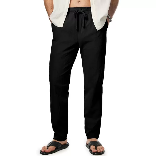 imageJMIERR Mens Cotton Pants Casual Elastic Waist Drawstring Lightweight Summer Beach Trousers with PocketsBlack