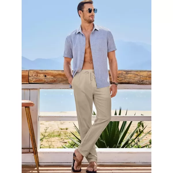 imageJMIERR Mens Cotton Pants Casual Elastic Waist Drawstring Lightweight Summer Beach Trousers with PocketsKhaki