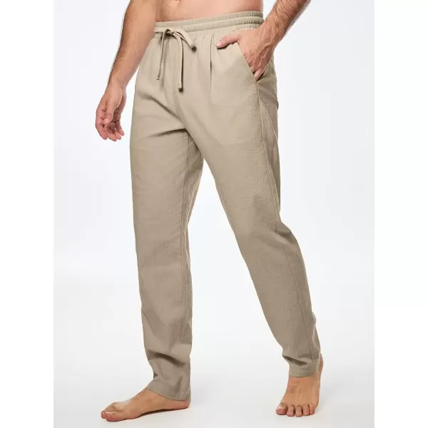 imageJMIERR Mens Cotton Pants Casual Elastic Waist Drawstring Lightweight Summer Beach Trousers with PocketsKhaki