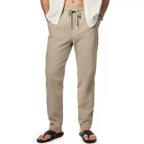 imageJMIERR Mens Cotton Pants Casual Elastic Waist Drawstring Lightweight Summer Beach Trousers with PocketsKhaki