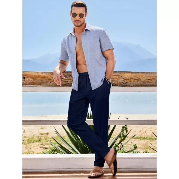 imageJMIERR Mens Cotton Pants Casual Elastic Waist Drawstring Lightweight Summer Beach Trousers with PocketsNavy Blue