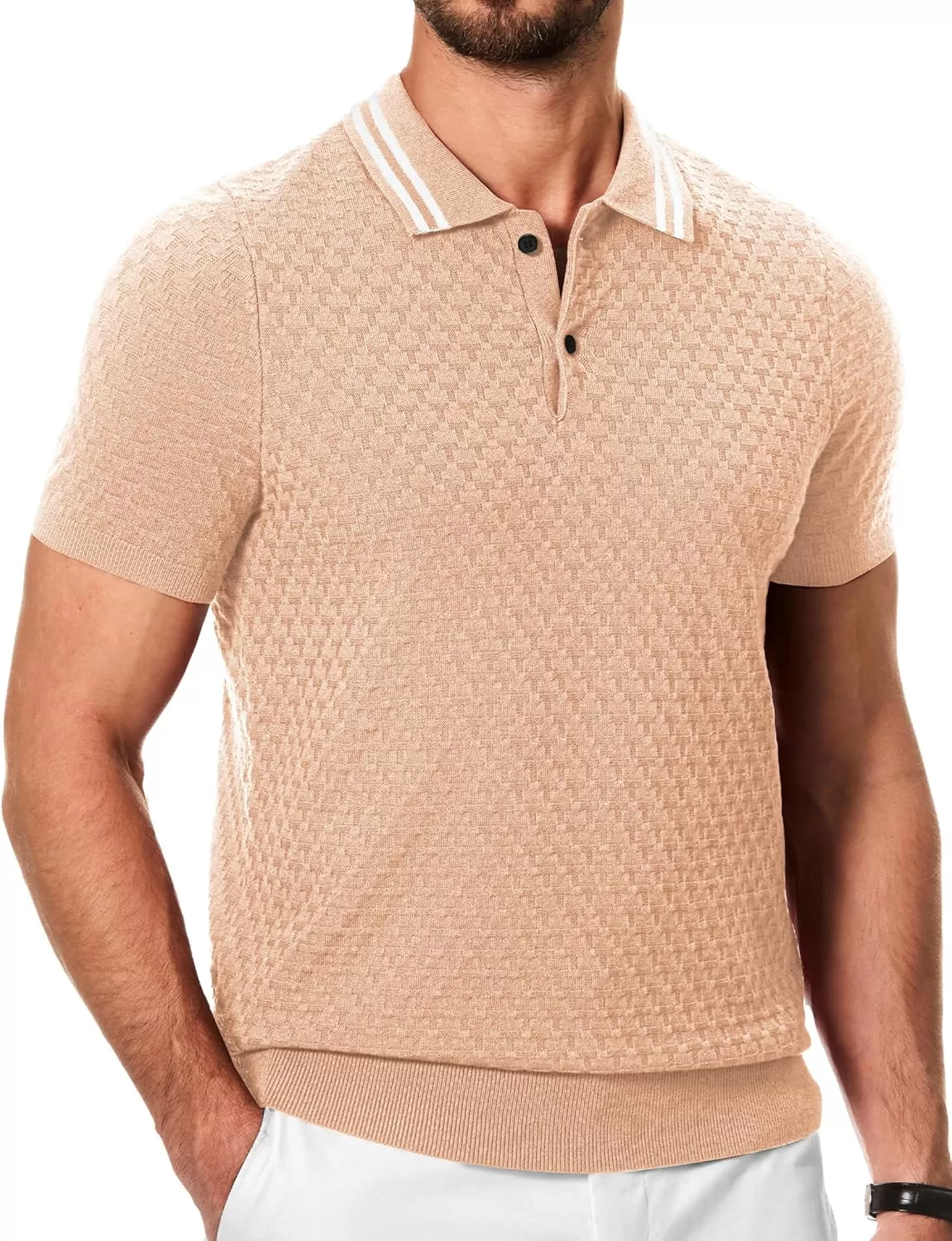 imageJMIERR Mens Knit Polo Shirts Casual Short Sleeve Button Lightweight ShirtBeige