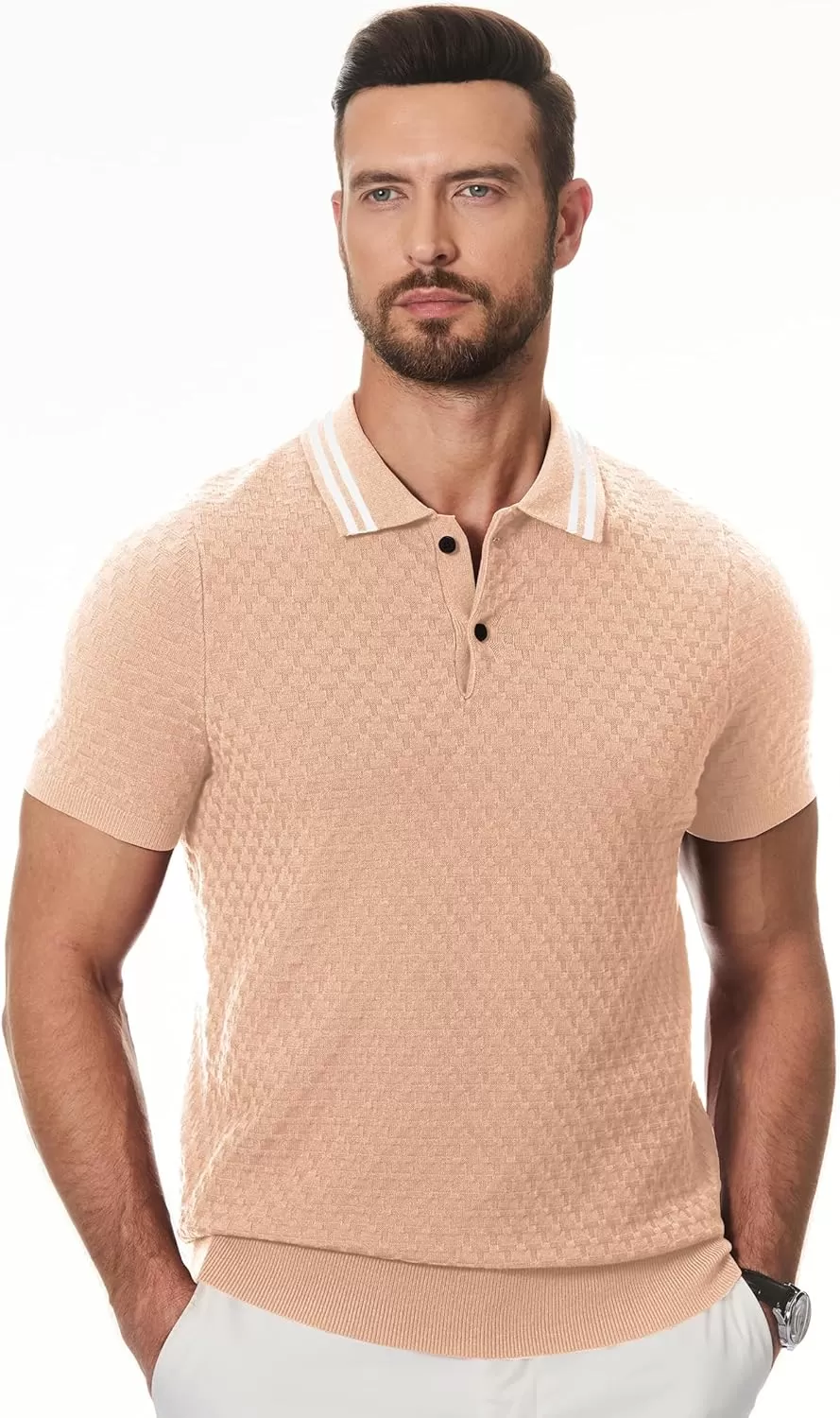 imageJMIERR Mens Knit Polo Shirts Casual Short Sleeve Button Lightweight ShirtBeige
