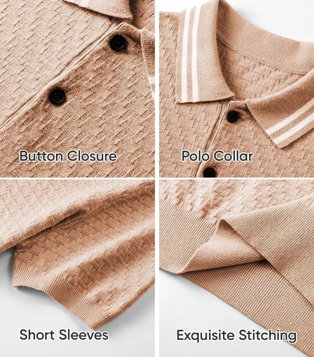 imageJMIERR Mens Knit Polo Shirts Casual Short Sleeve Button Lightweight ShirtBeige