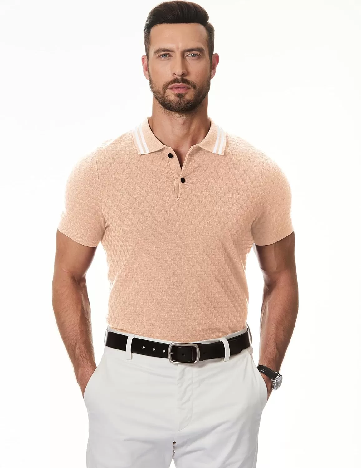 imageJMIERR Mens Knit Polo Shirts Casual Short Sleeve Button Lightweight ShirtBeige