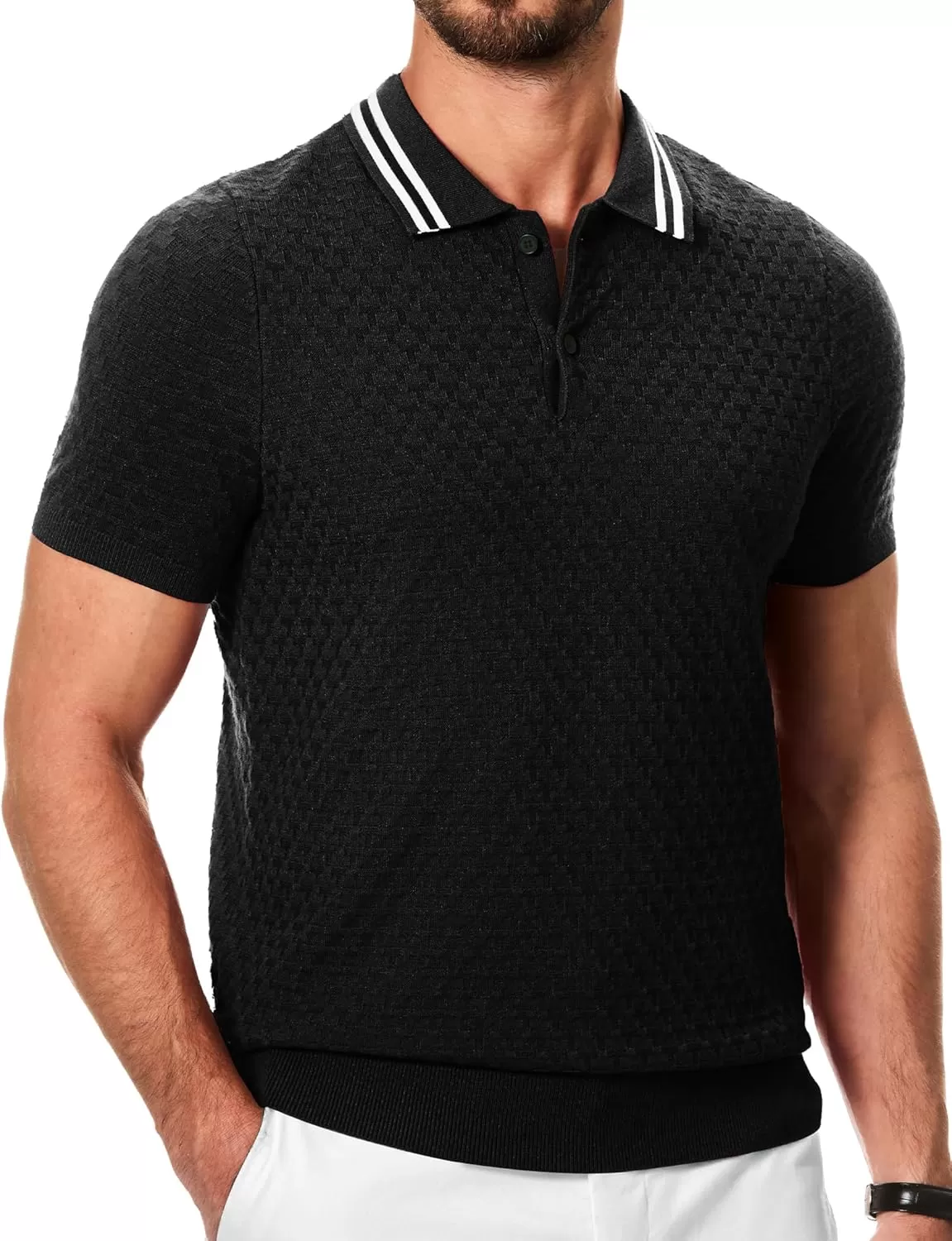 imageJMIERR Mens Knit Polo Shirts Casual Short Sleeve Button Lightweight ShirtBlack
