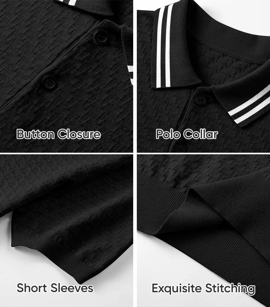 imageJMIERR Mens Knit Polo Shirts Casual Short Sleeve Button Lightweight ShirtBlack