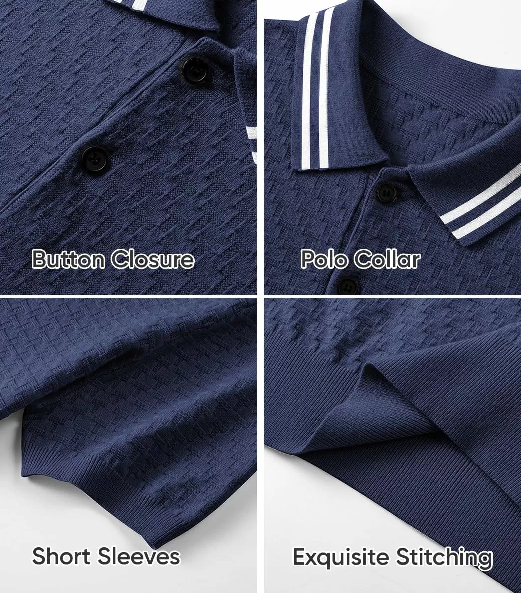 imageJMIERR Mens Knit Polo Shirts Casual Short Sleeve Button Lightweight ShirtNavy Blue