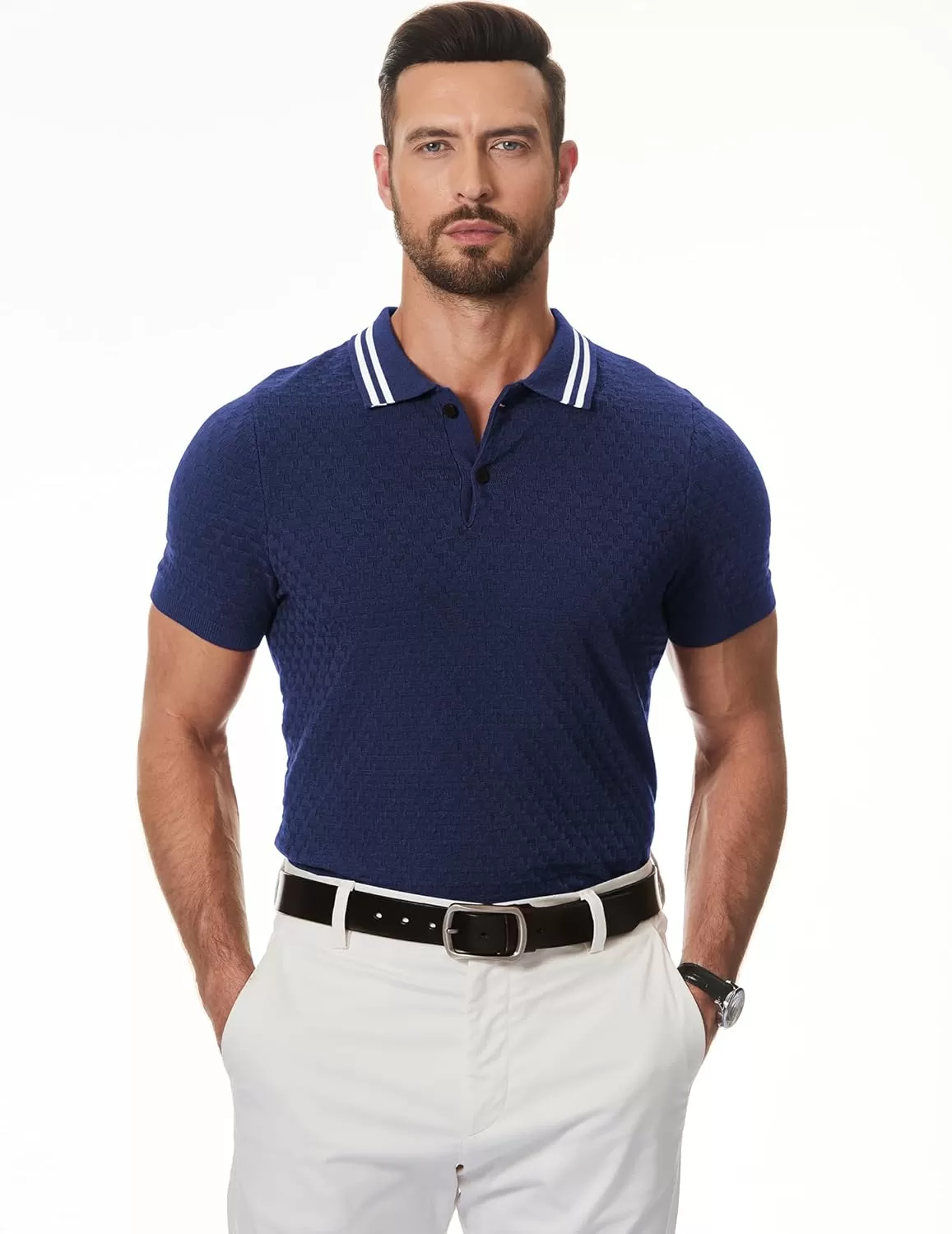 imageJMIERR Mens Knit Polo Shirts Casual Short Sleeve Button Lightweight ShirtNavy Blue