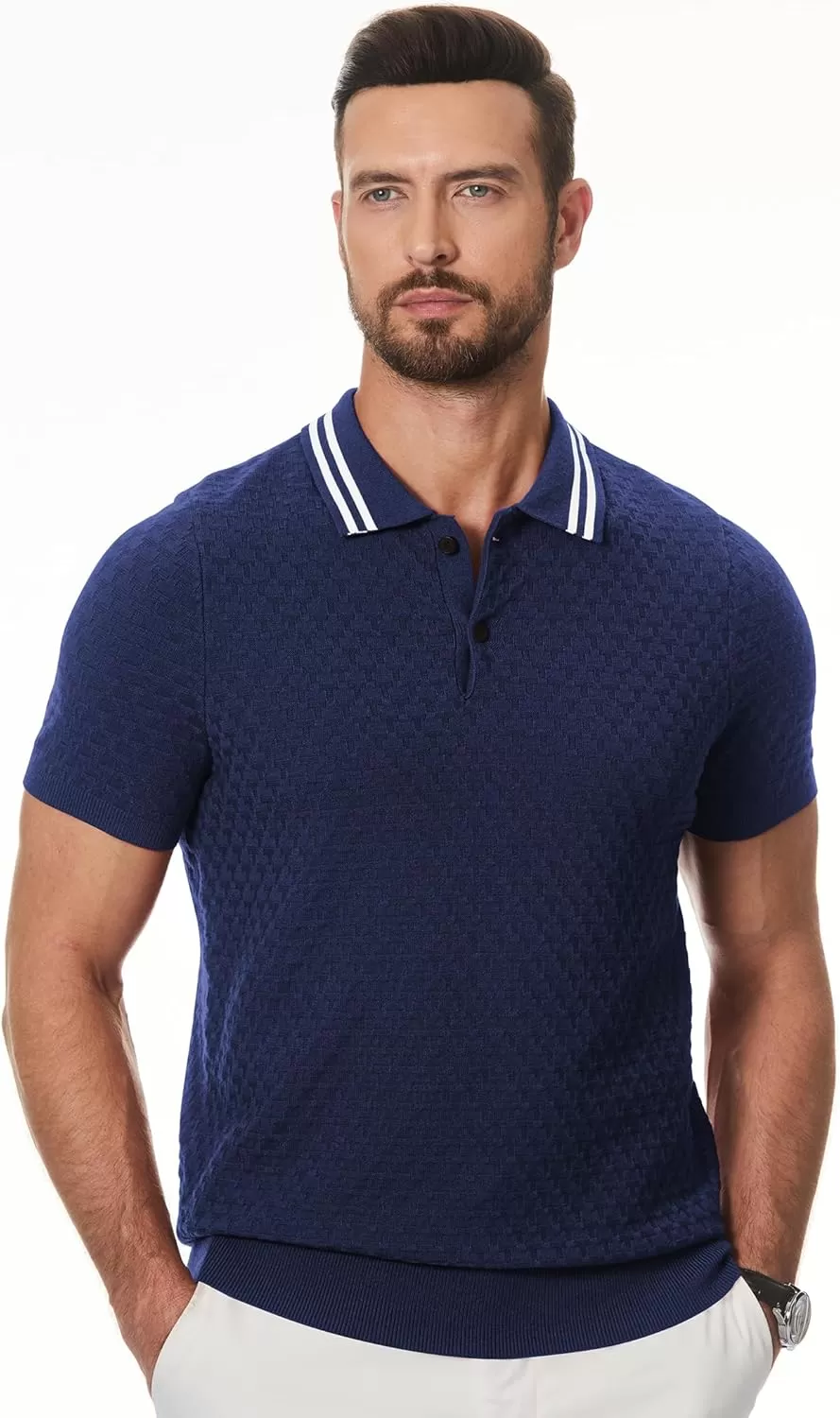 imageJMIERR Mens Knit Polo Shirts Casual Short Sleeve Button Lightweight ShirtNavy Blue