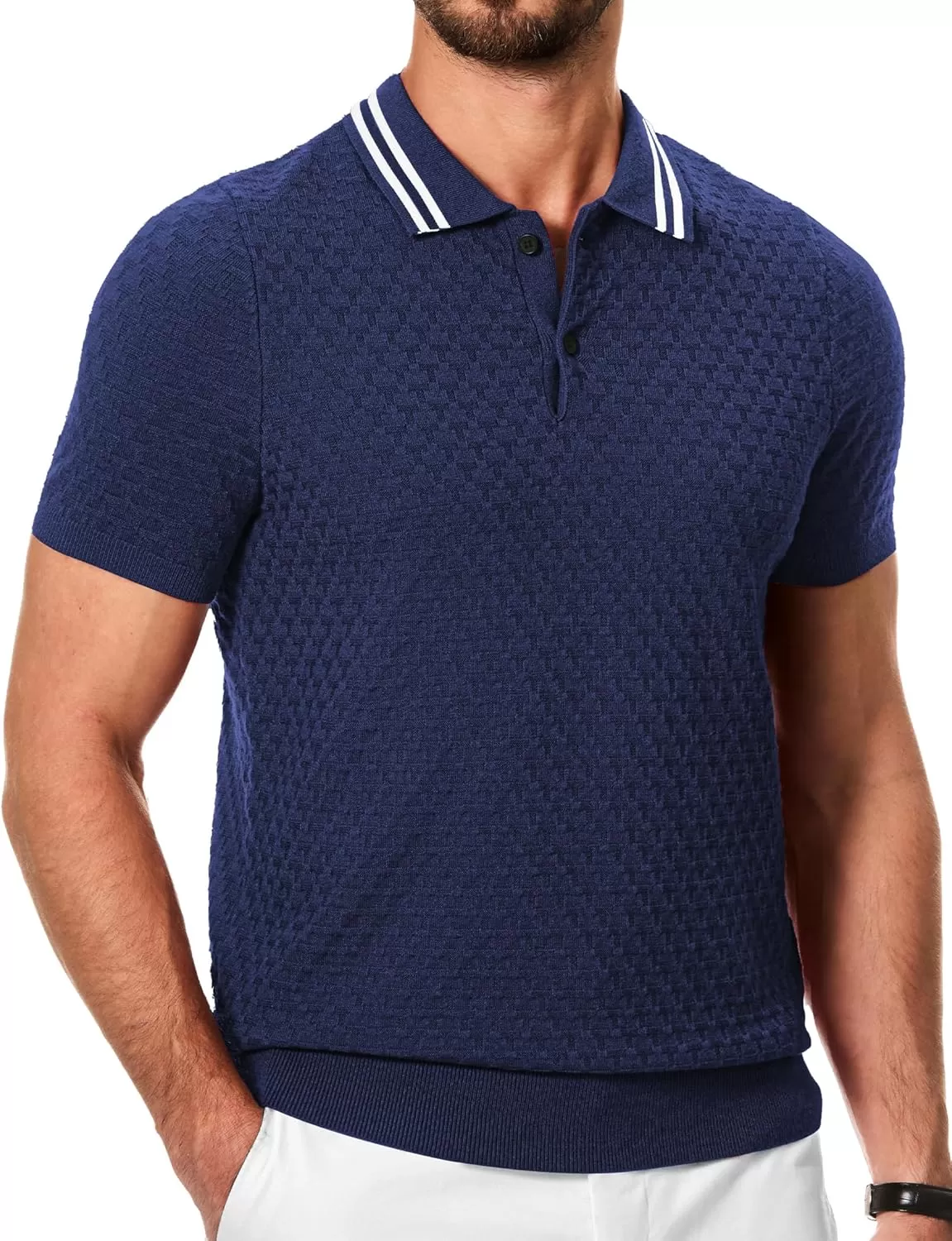 imageJMIERR Mens Knit Polo Shirts Casual Short Sleeve Button Lightweight ShirtNavy Blue