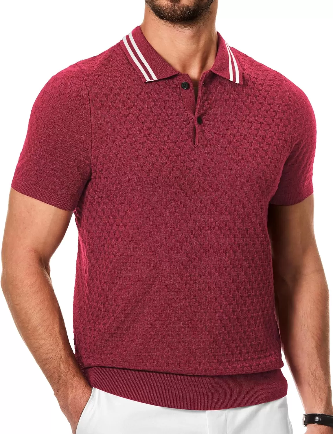 imageJMIERR Mens Knit Polo Shirts Casual Short Sleeve Button Lightweight ShirtRed