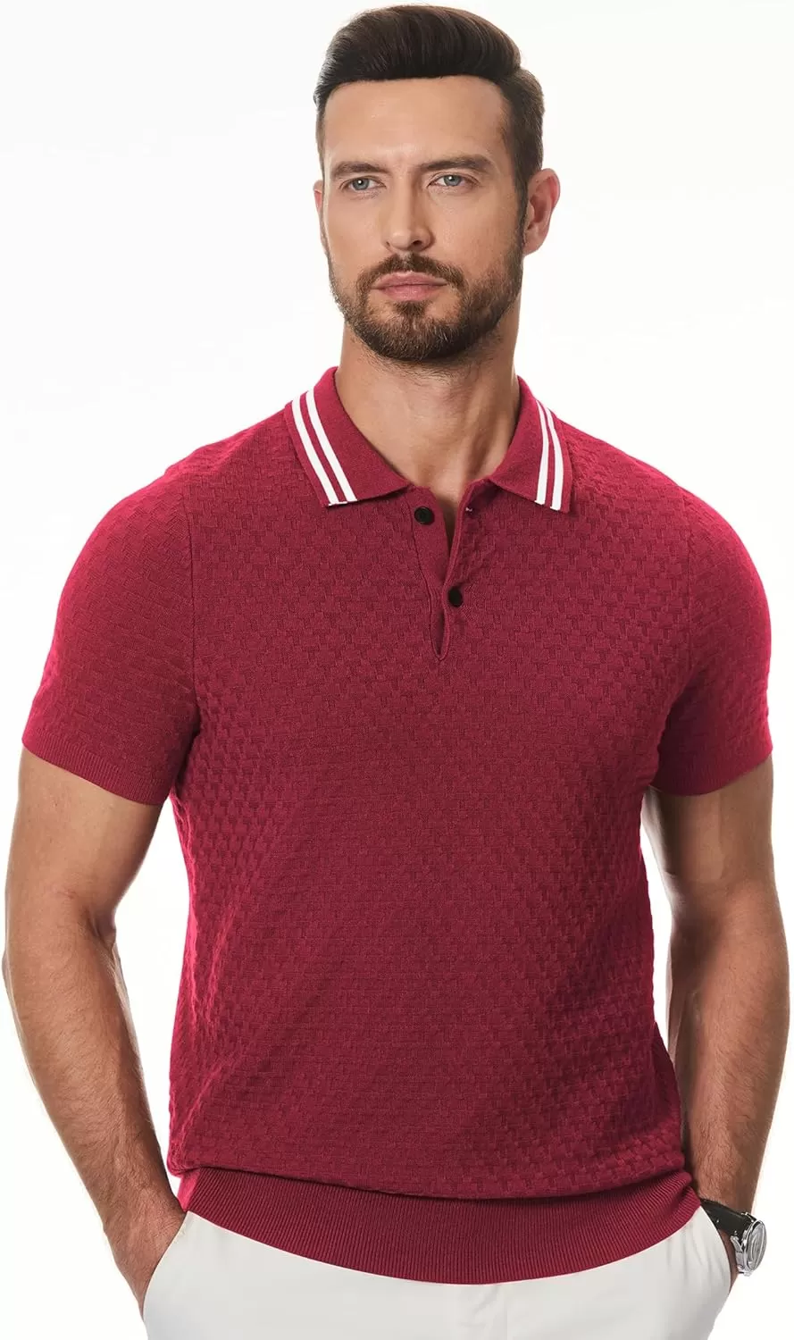 imageJMIERR Mens Knit Polo Shirts Casual Short Sleeve Button Lightweight ShirtRed