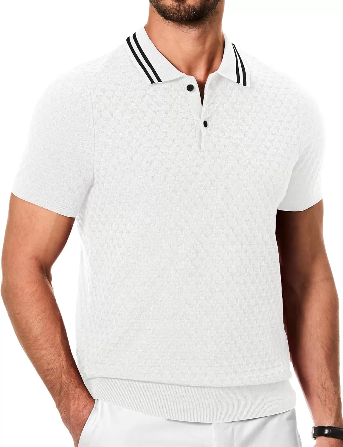 imageJMIERR Mens Knit Polo Shirts Casual Short Sleeve Button Lightweight ShirtWhite