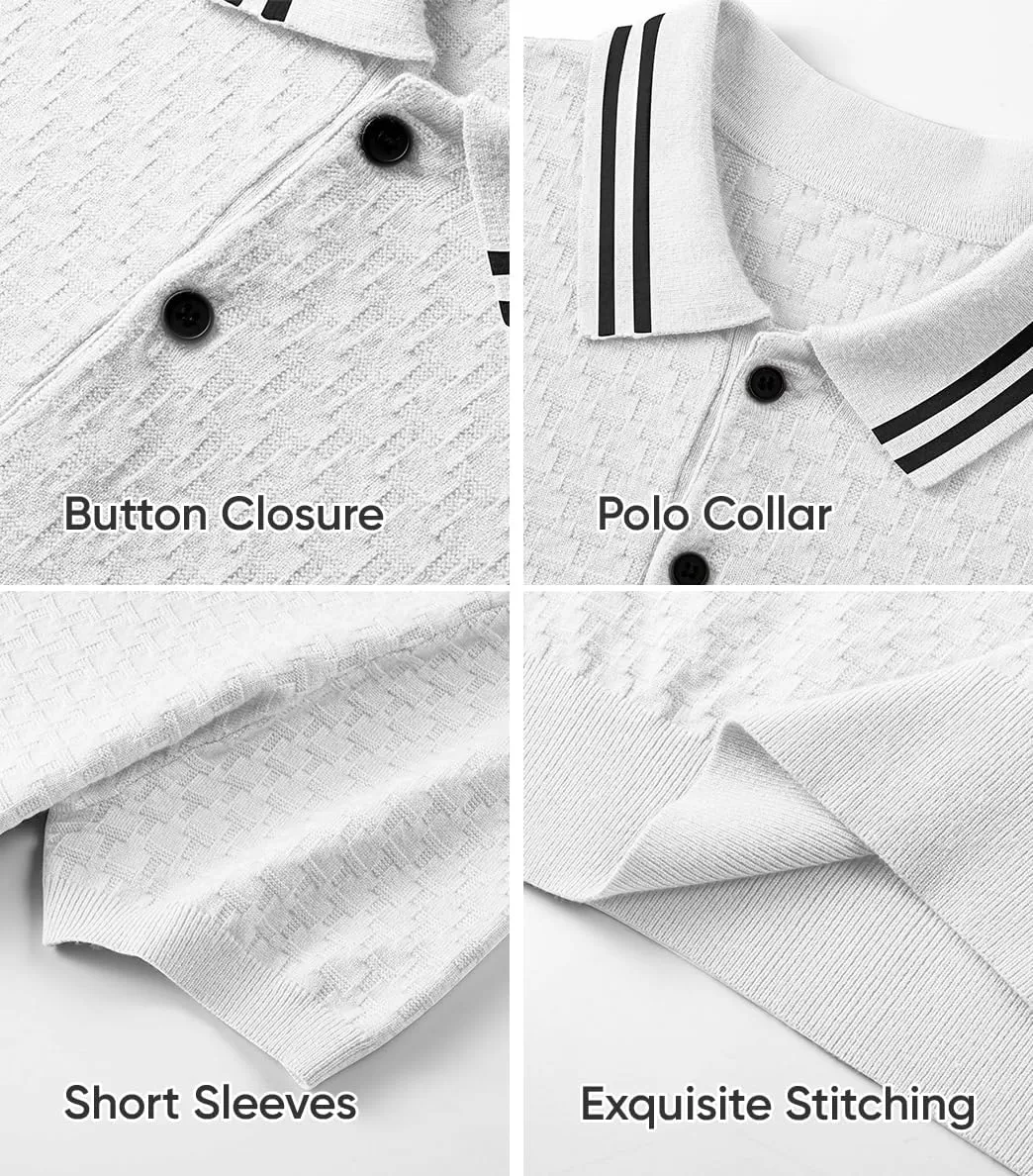 imageJMIERR Mens Knit Polo Shirts Casual Short Sleeve Button Lightweight ShirtWhite