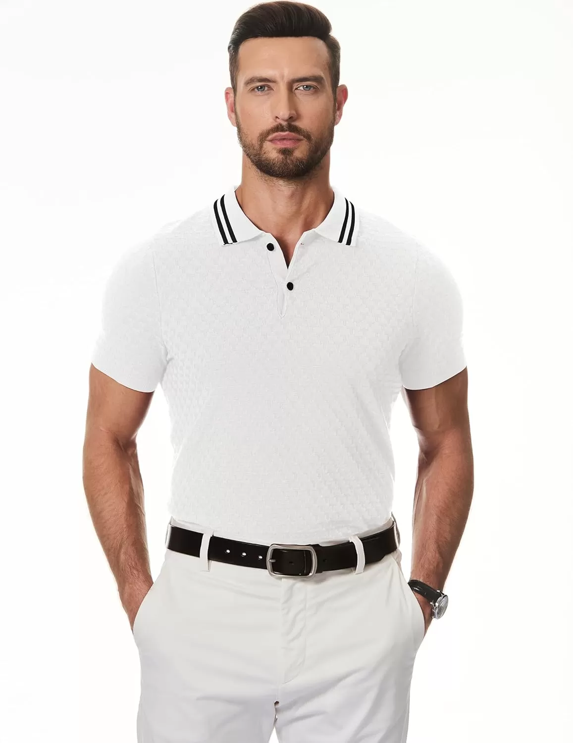 imageJMIERR Mens Knit Polo Shirts Casual Short Sleeve Button Lightweight ShirtWhite