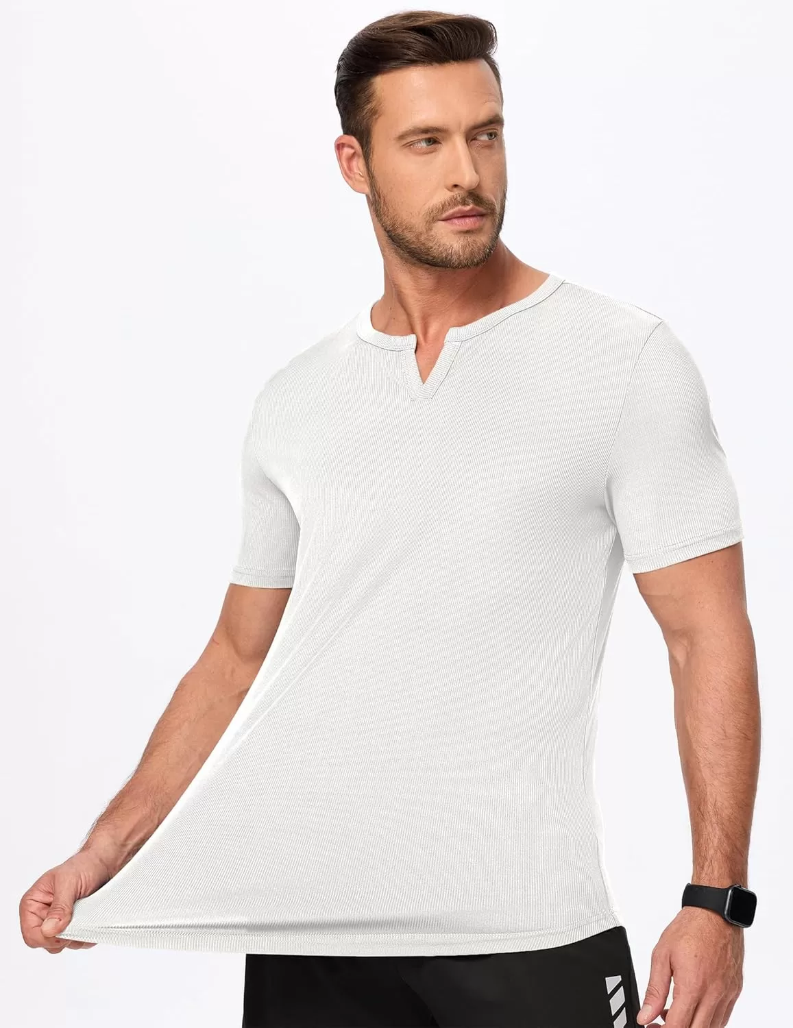 imageJMIERR Mens Muscle VNeck T Shirt Short Sleeve Longline Ribbed Henley Shirt Gym Workout Athletic Tee Shirts0 White