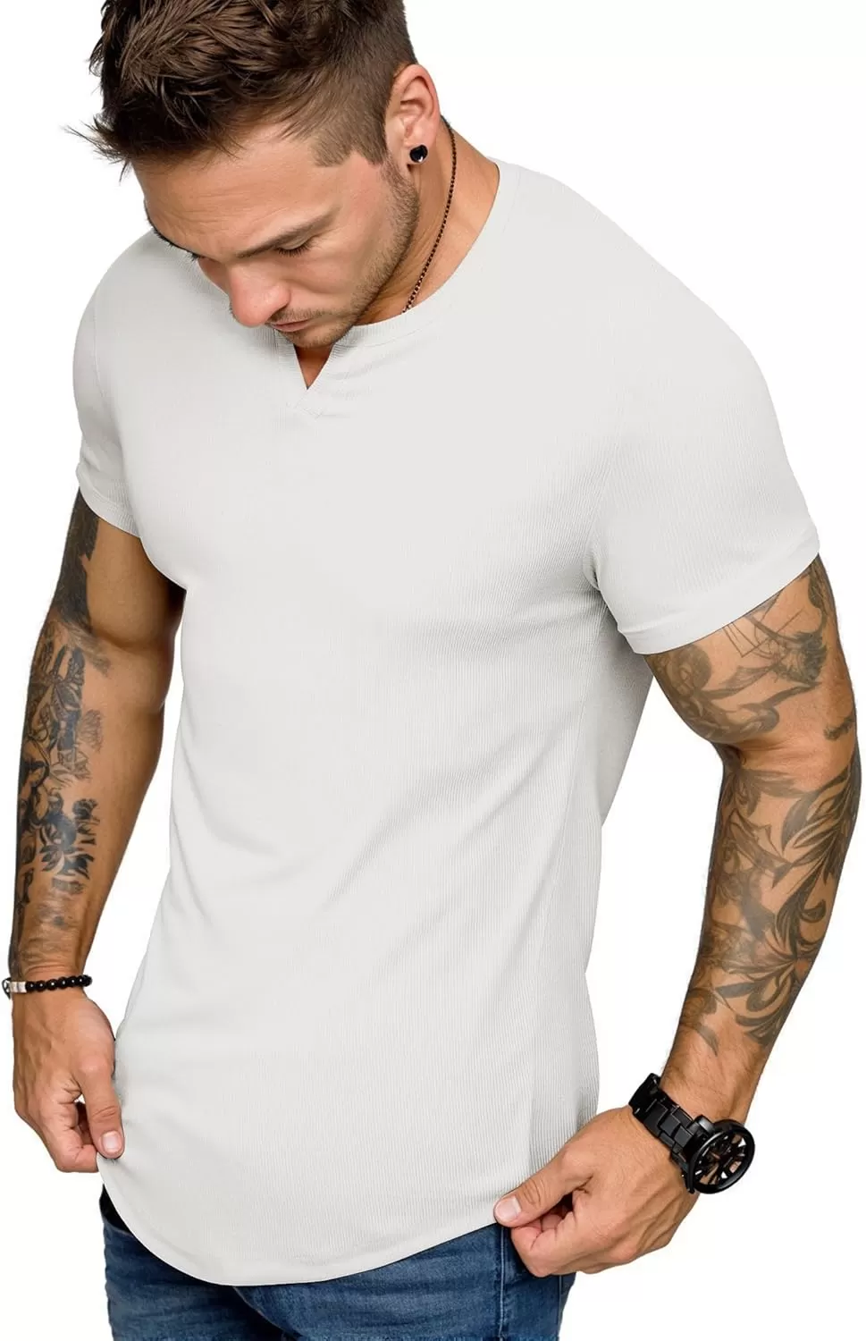 imageJMIERR Mens Muscle VNeck T Shirt Short Sleeve Longline Ribbed Henley Shirt Gym Workout Athletic Tee Shirts0 White