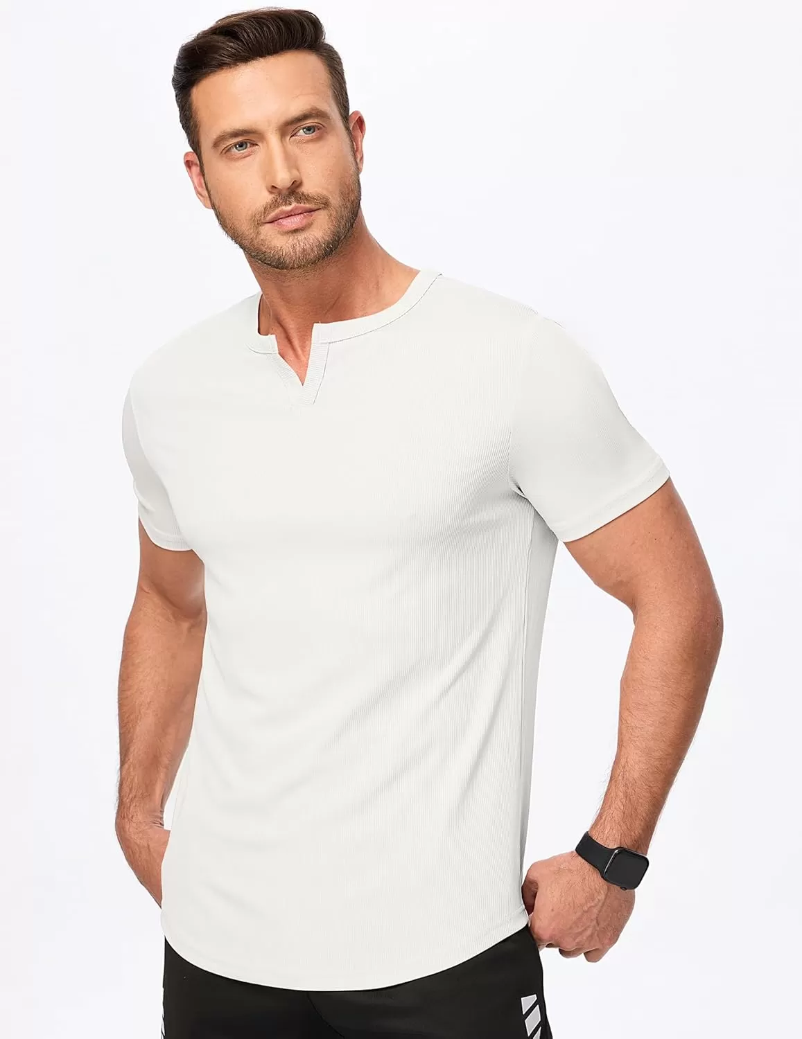 imageJMIERR Mens Muscle VNeck T Shirt Short Sleeve Longline Ribbed Henley Shirt Gym Workout Athletic Tee Shirts0 White