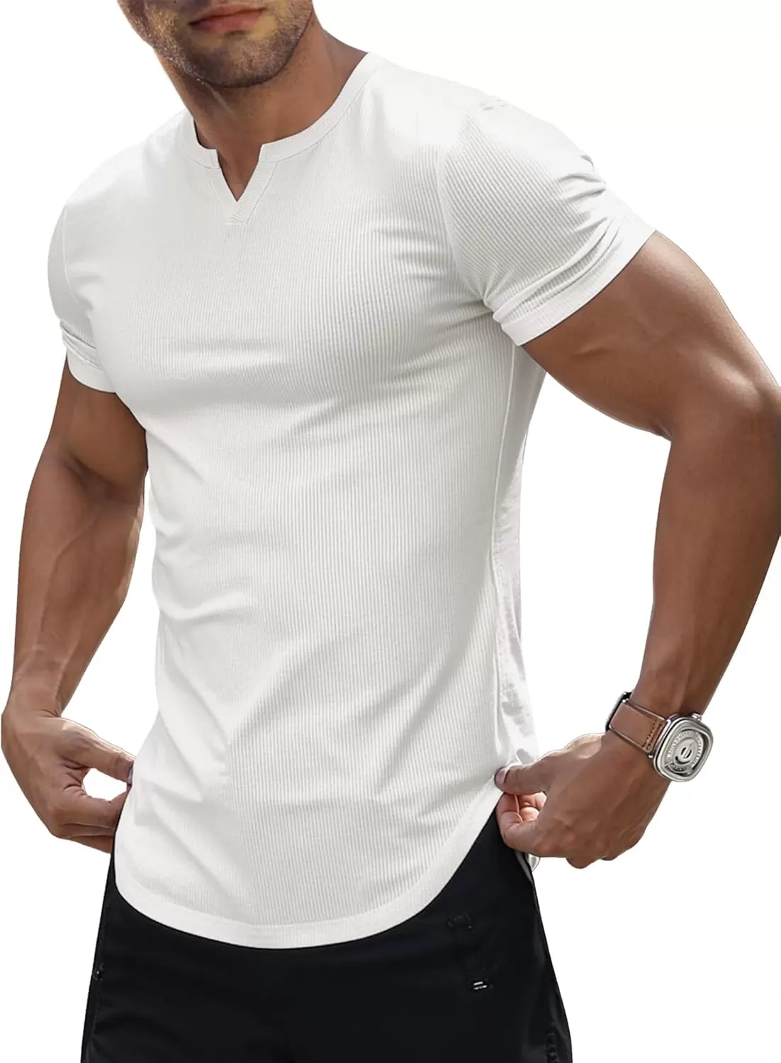 imageJMIERR Mens Muscle VNeck T Shirt Short Sleeve Longline Ribbed Henley Shirt Gym Workout Athletic Tee Shirts0 White