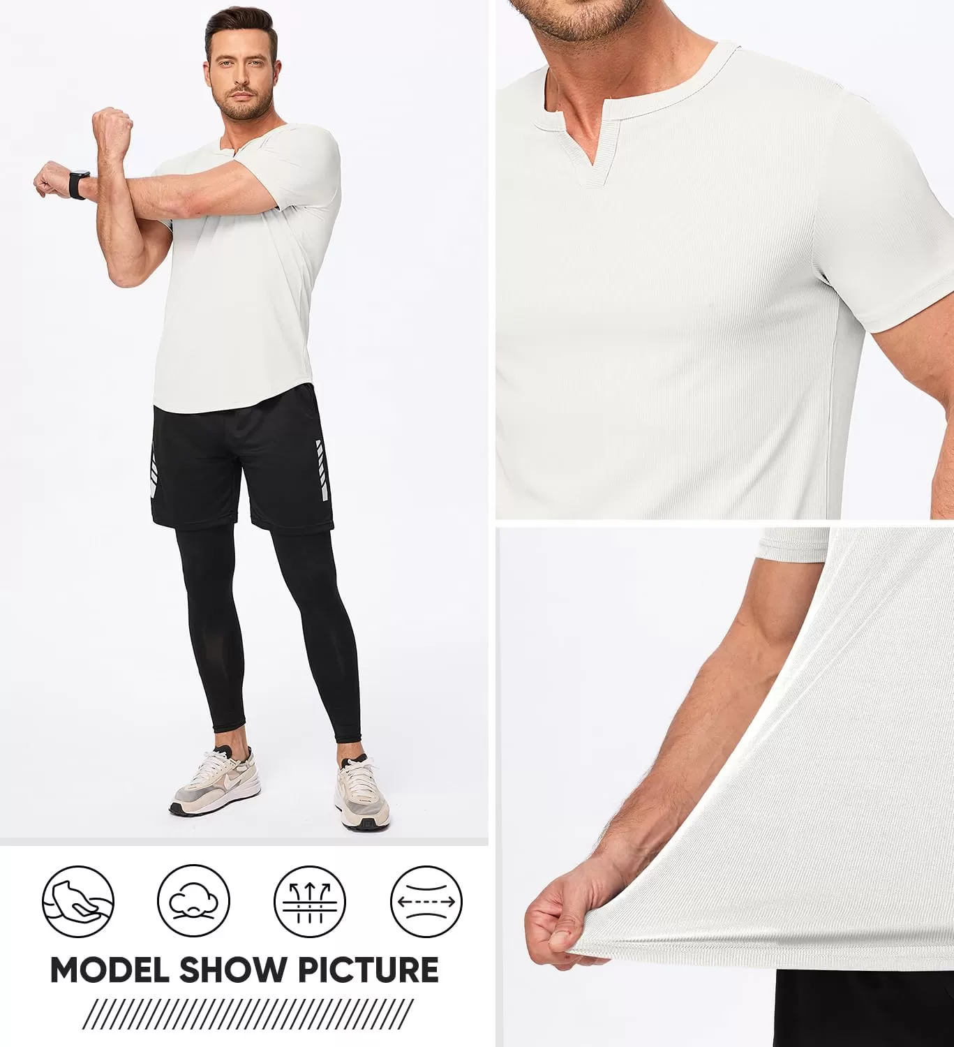imageJMIERR Mens Muscle VNeck T Shirt Short Sleeve Longline Ribbed Henley Shirt Gym Workout Athletic Tee Shirts0 White