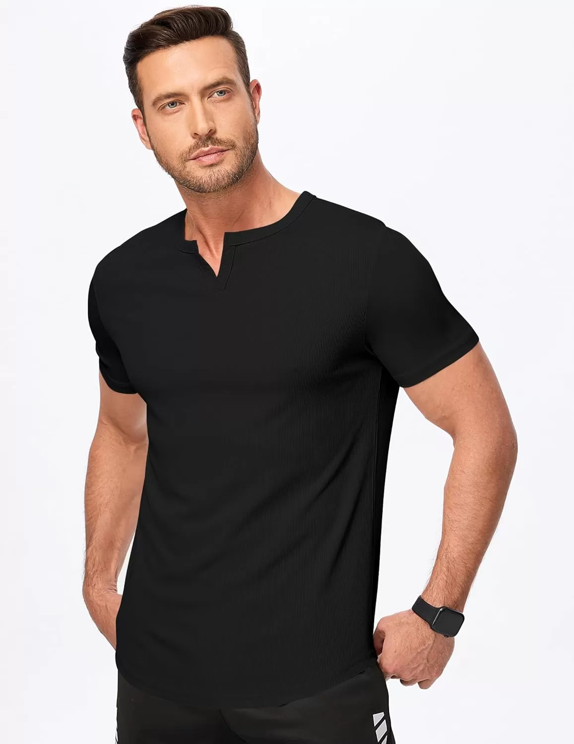imageJMIERR Mens Muscle VNeck T Shirt Short Sleeve Longline Ribbed Henley Shirt Gym Workout Athletic Tee Shirts01 Black