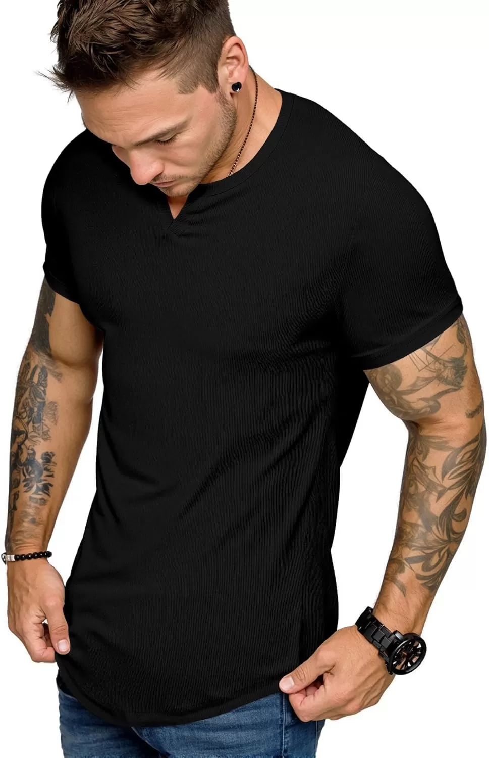 imageJMIERR Mens Muscle VNeck T Shirt Short Sleeve Longline Ribbed Henley Shirt Gym Workout Athletic Tee Shirts01 Black