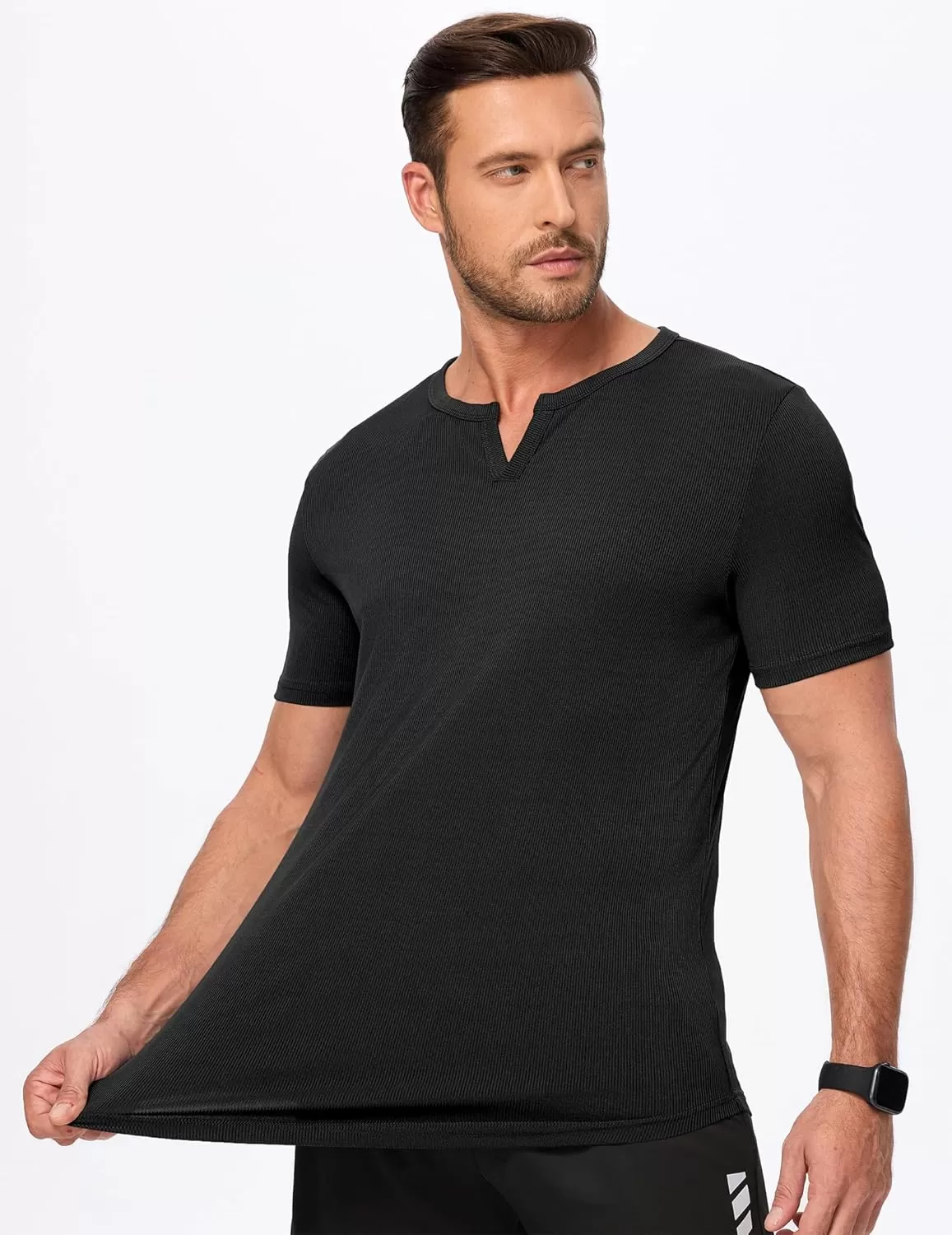 imageJMIERR Mens Muscle VNeck T Shirt Short Sleeve Longline Ribbed Henley Shirt Gym Workout Athletic Tee Shirts01 Black