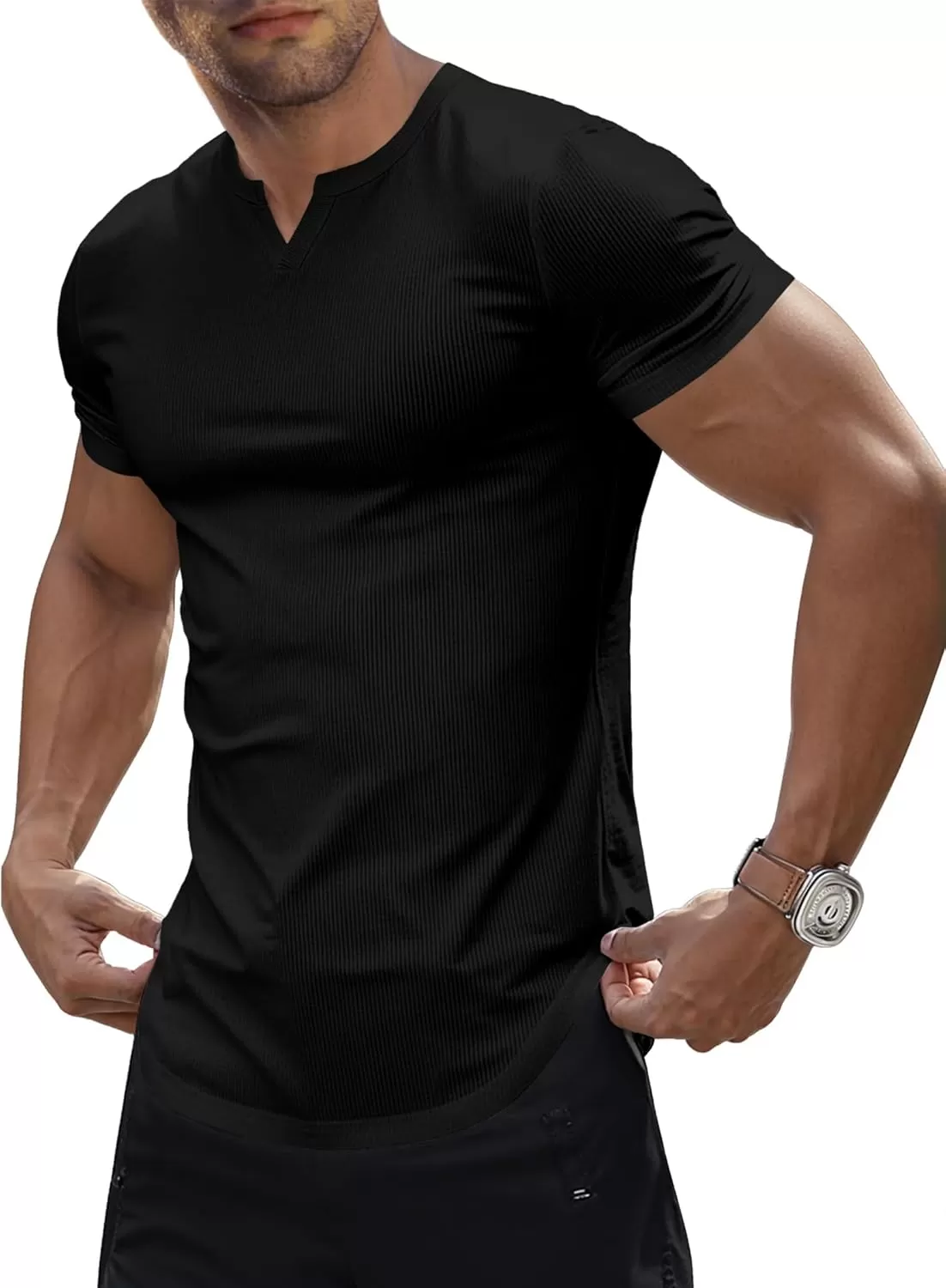 imageJMIERR Mens Muscle VNeck T Shirt Short Sleeve Longline Ribbed Henley Shirt Gym Workout Athletic Tee Shirts01 Black