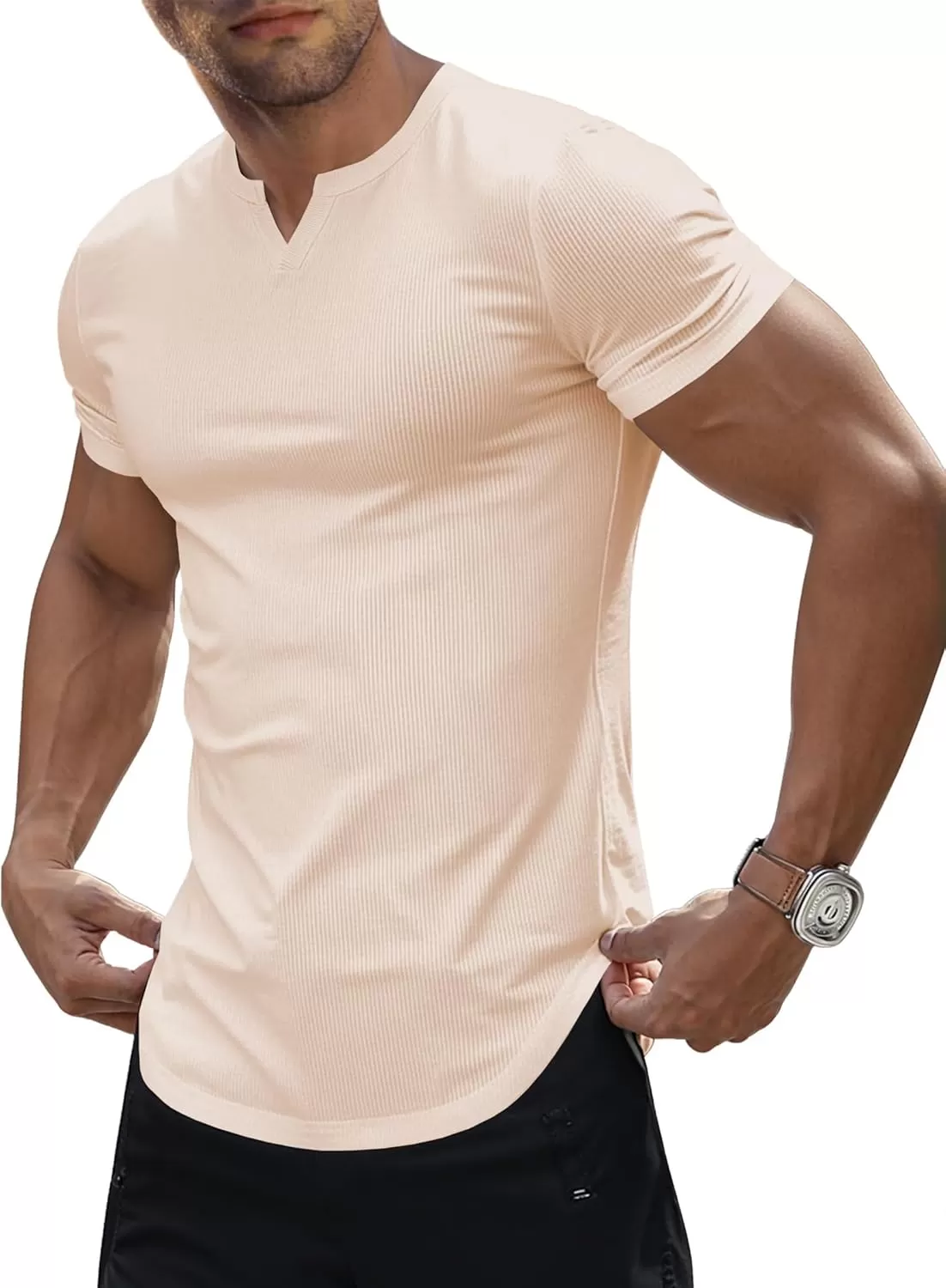 imageJMIERR Mens Muscle VNeck T Shirt Short Sleeve Longline Ribbed Henley Shirt Gym Workout Athletic Tee ShirtsApricot