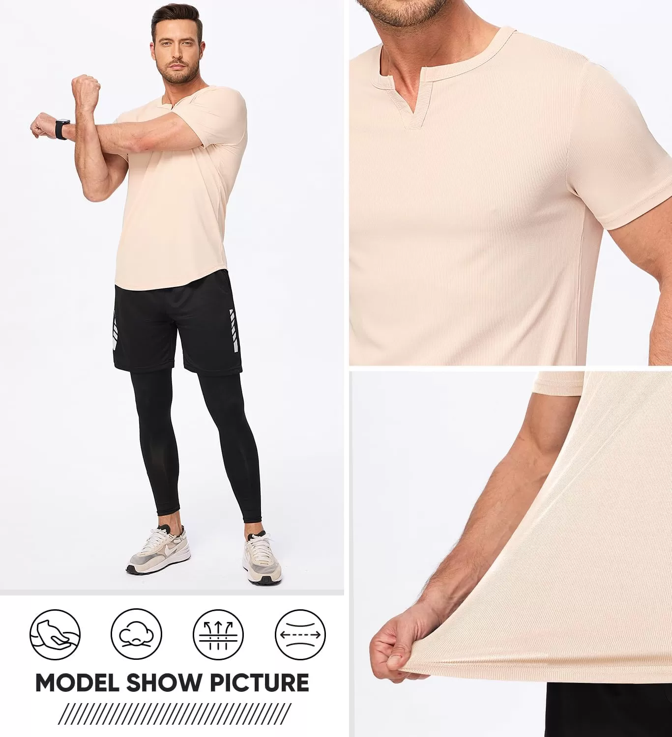imageJMIERR Mens Muscle VNeck T Shirt Short Sleeve Longline Ribbed Henley Shirt Gym Workout Athletic Tee ShirtsApricot