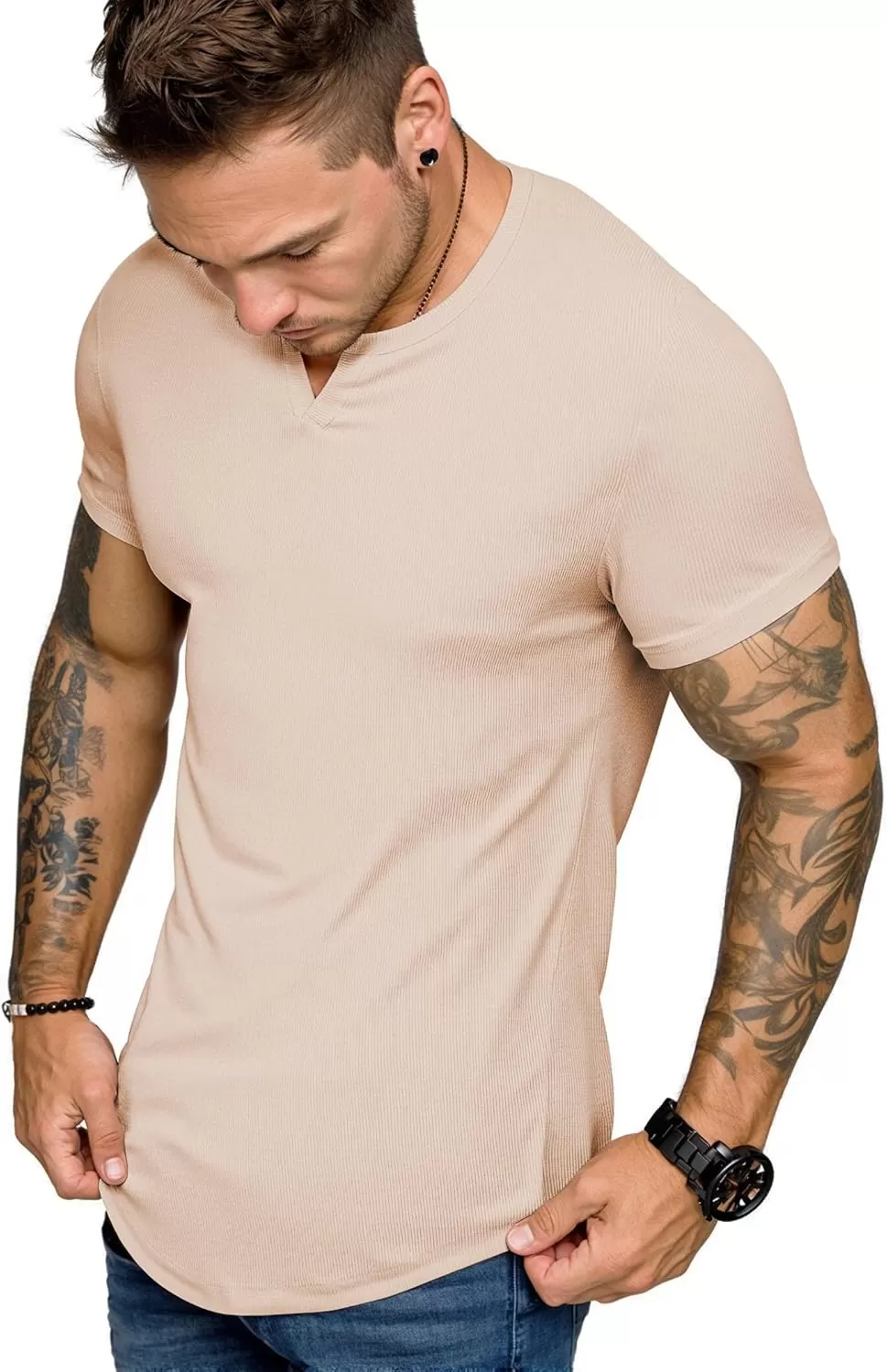 imageJMIERR Mens Muscle VNeck T Shirt Short Sleeve Longline Ribbed Henley Shirt Gym Workout Athletic Tee ShirtsApricot