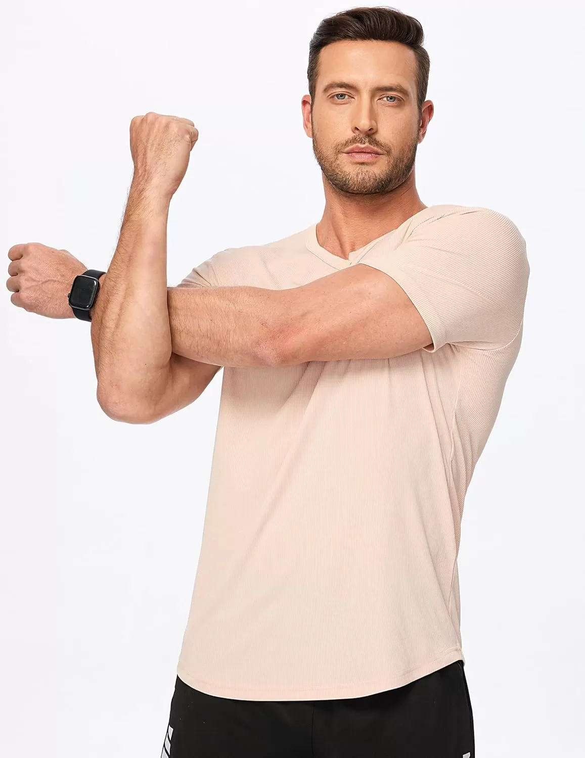imageJMIERR Mens Muscle VNeck T Shirt Short Sleeve Longline Ribbed Henley Shirt Gym Workout Athletic Tee ShirtsApricot