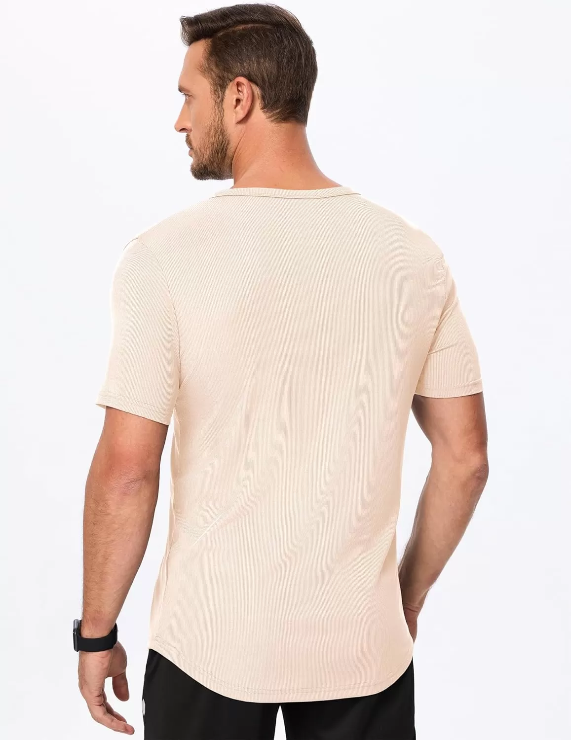 imageJMIERR Mens Muscle VNeck T Shirt Short Sleeve Longline Ribbed Henley Shirt Gym Workout Athletic Tee ShirtsApricot