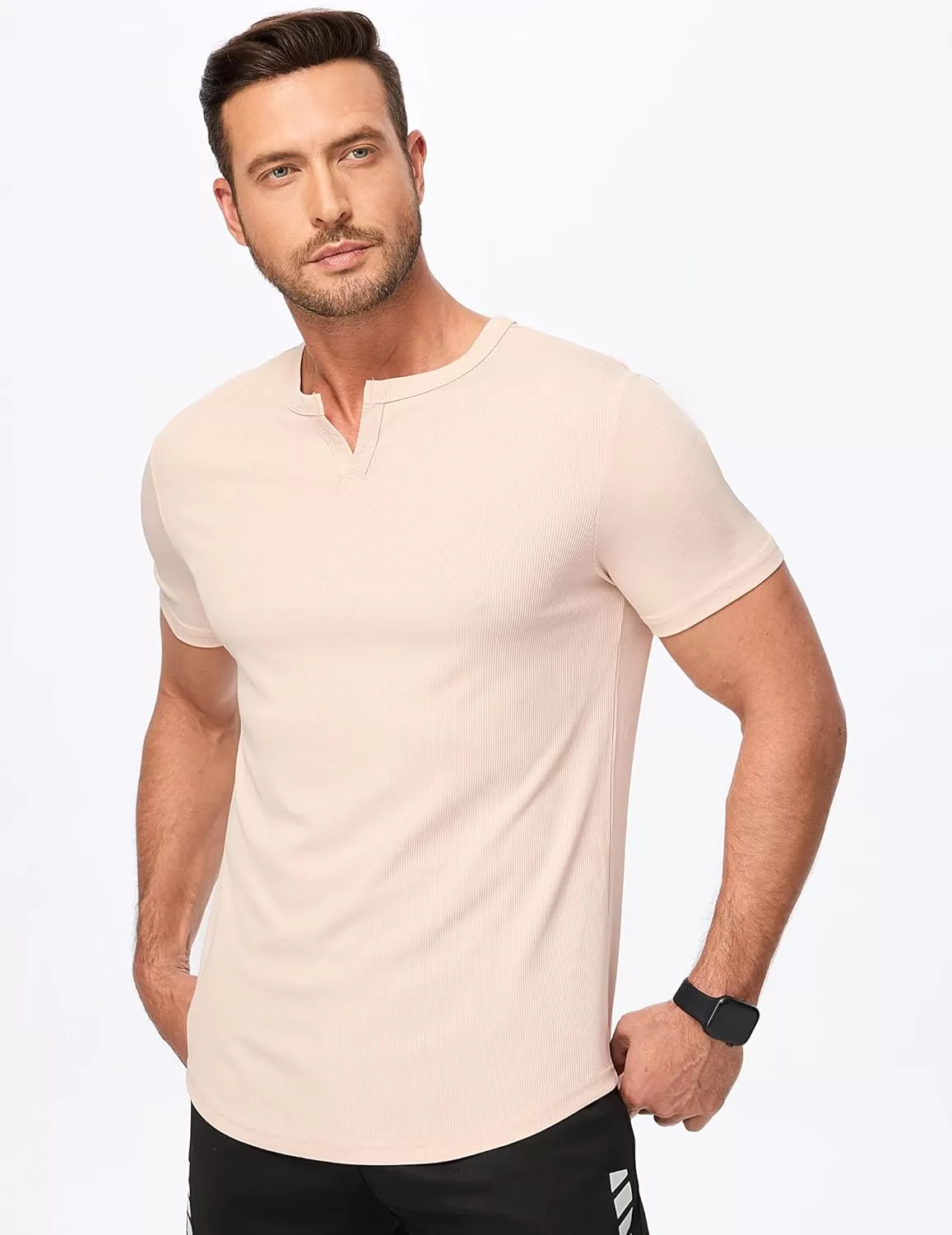 imageJMIERR Mens Muscle VNeck T Shirt Short Sleeve Longline Ribbed Henley Shirt Gym Workout Athletic Tee ShirtsApricot