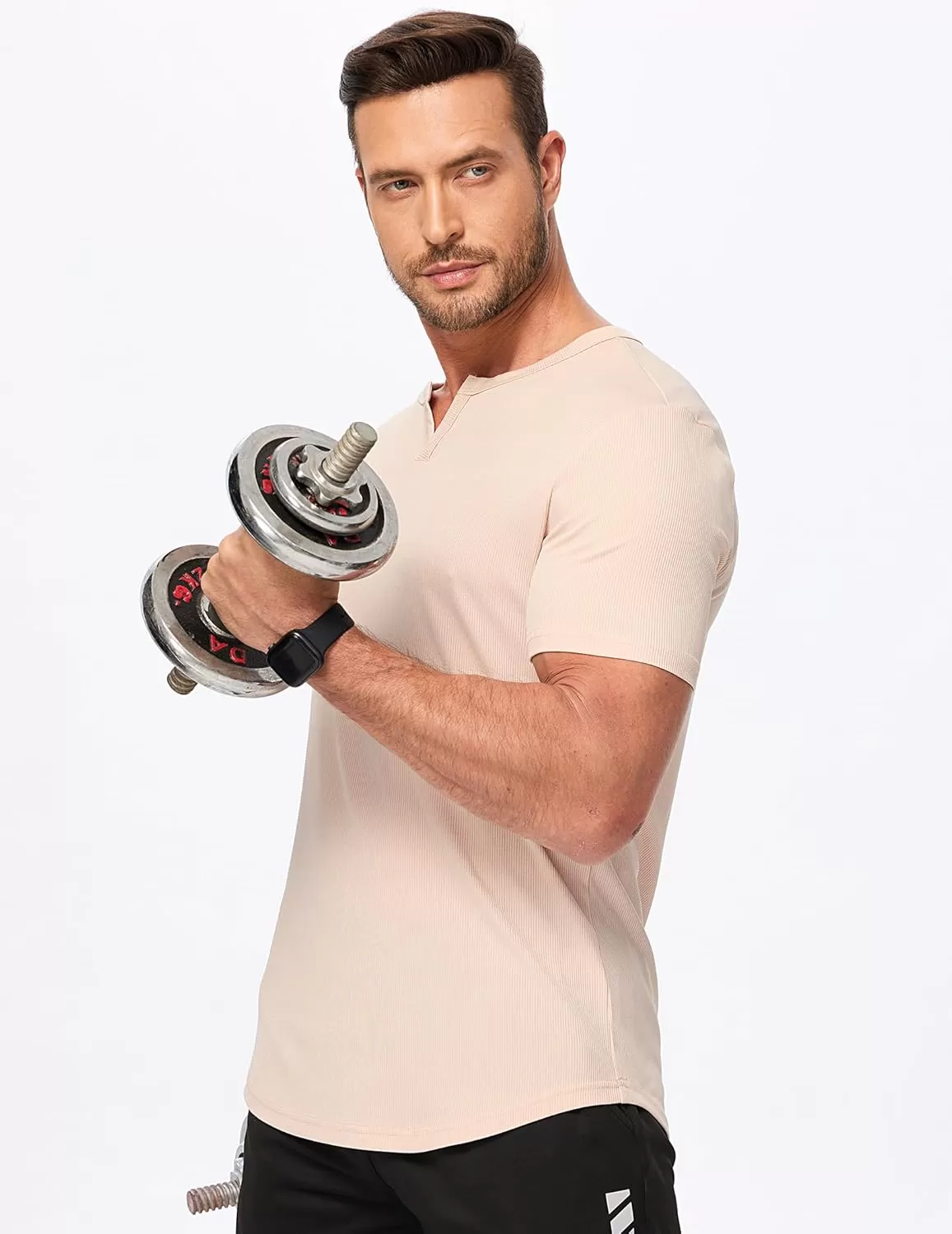 imageJMIERR Mens Muscle VNeck T Shirt Short Sleeve Longline Ribbed Henley Shirt Gym Workout Athletic Tee ShirtsApricot